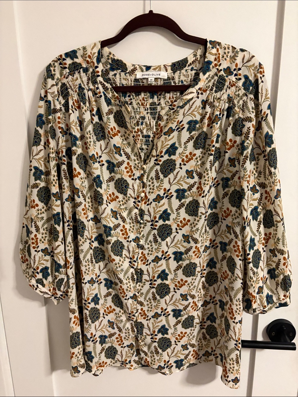 Rose & Olive Cream Floral Button-Front Blouse with Blue & Brown Print. 2X plus.